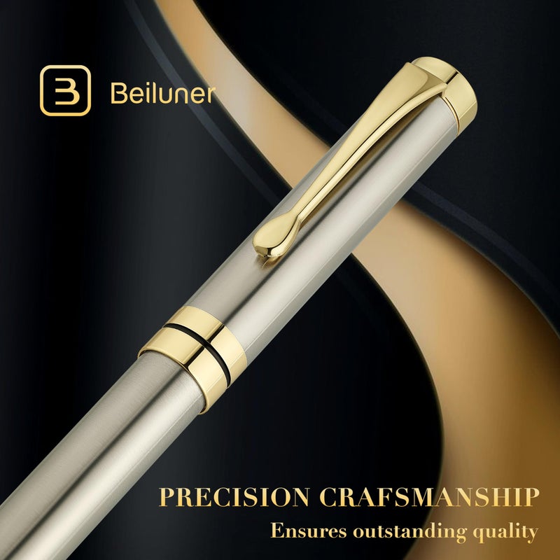 BEILUNER Ballpoint Pens, Stunning Silver Chrome Metal Pen with Golden Trim, Best Ball Pen Gift Set for Men & Women, Professional, Executive, Office, Nice Pens-Gift Box with 0.5mm Extra Black Refill - Image 2